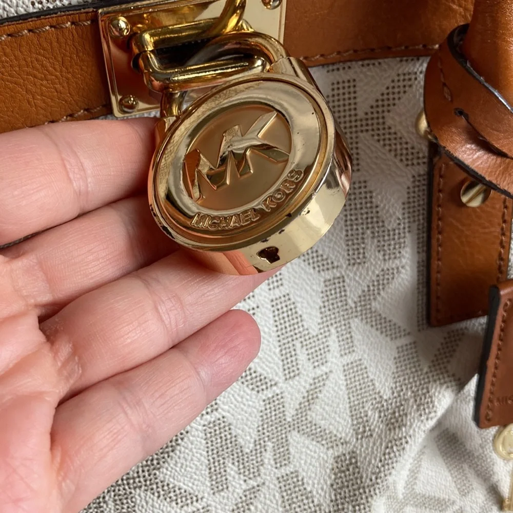 Michael Kors Beige Monogram Satchel with Tan Leather Trim